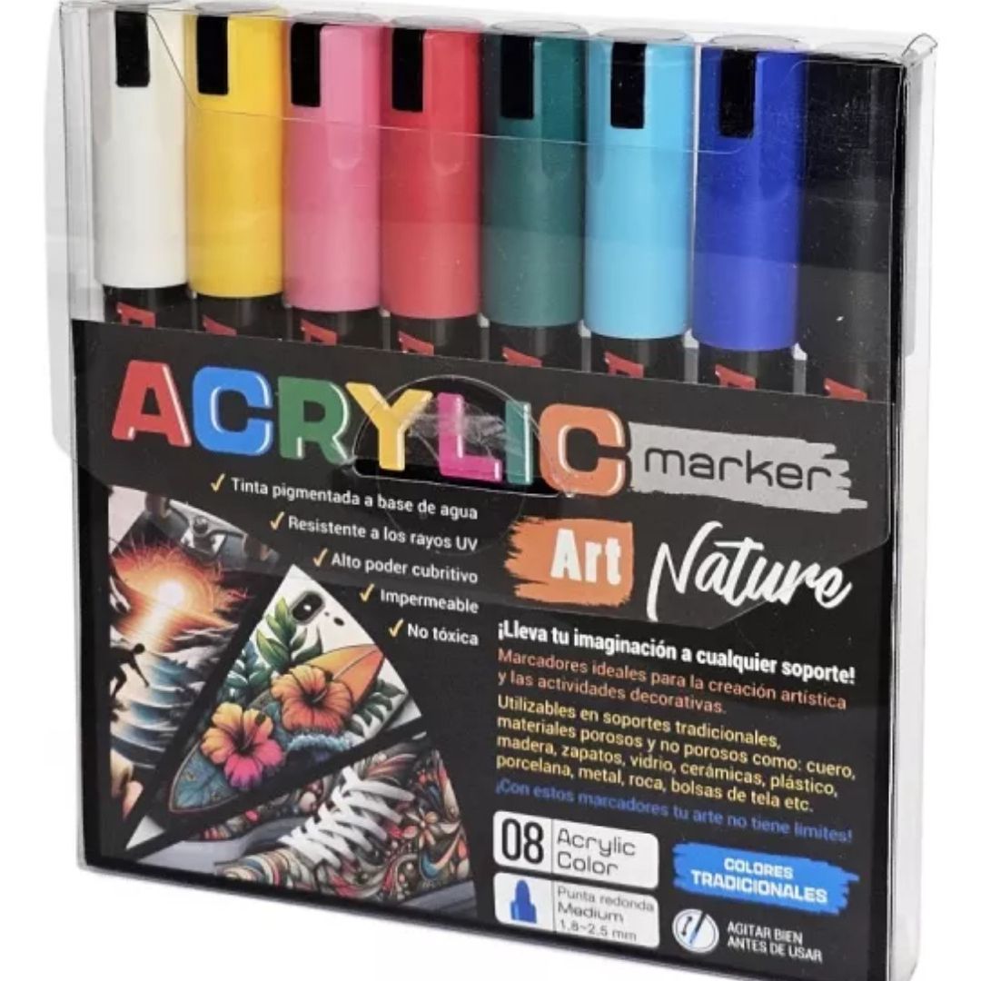 PACK 8 MARCADORES ACRILICOS ART NATURE COLORES CLASICOS TRAZO MEDIO