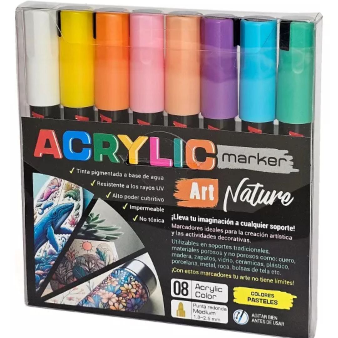 PACK 8 MARCADORES ACRILICOS ART NATURE COLORES PASTELES TRAZO MEDIO